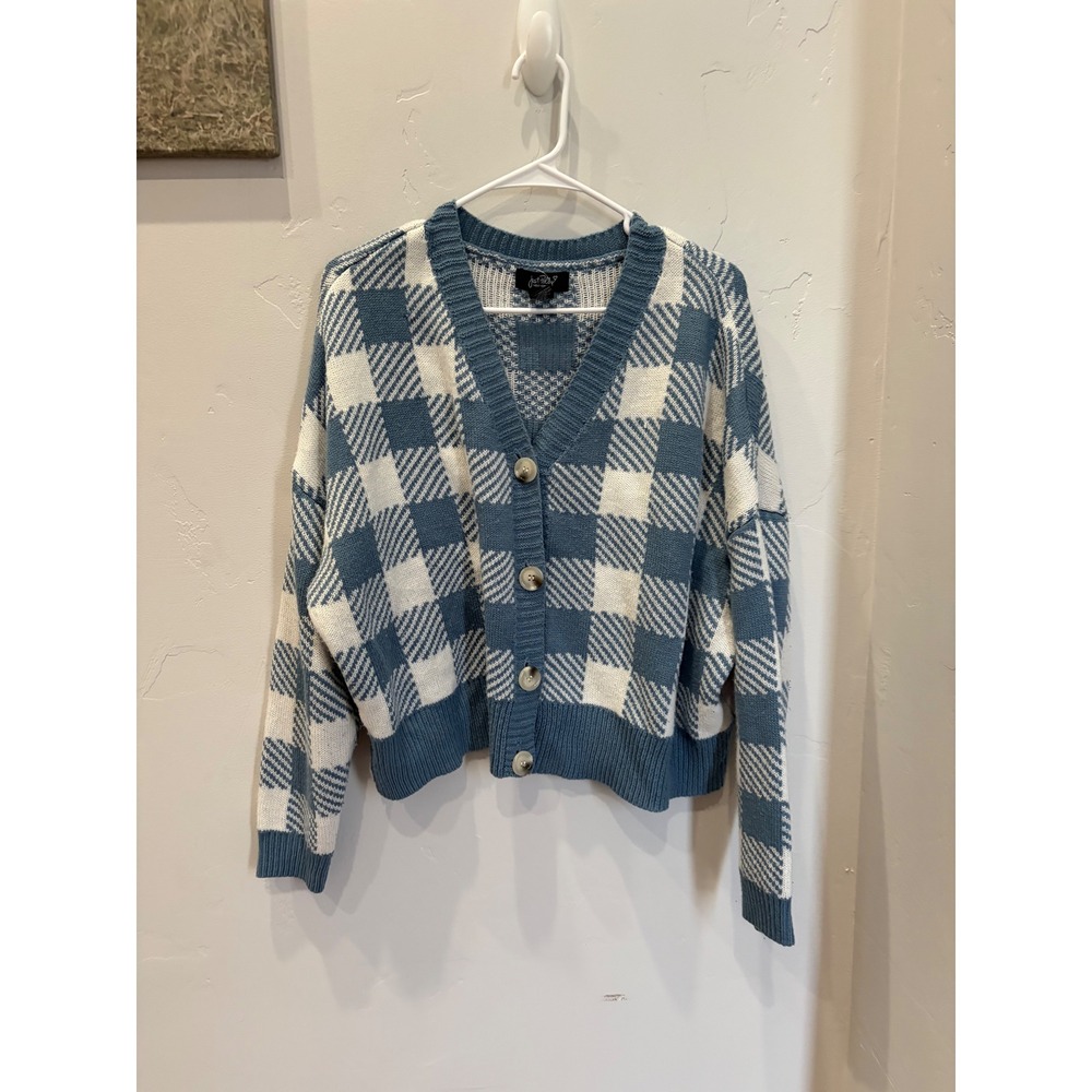 Just Polly New York Blue White Checkered Gingham Cardigan Sweater Womens Large